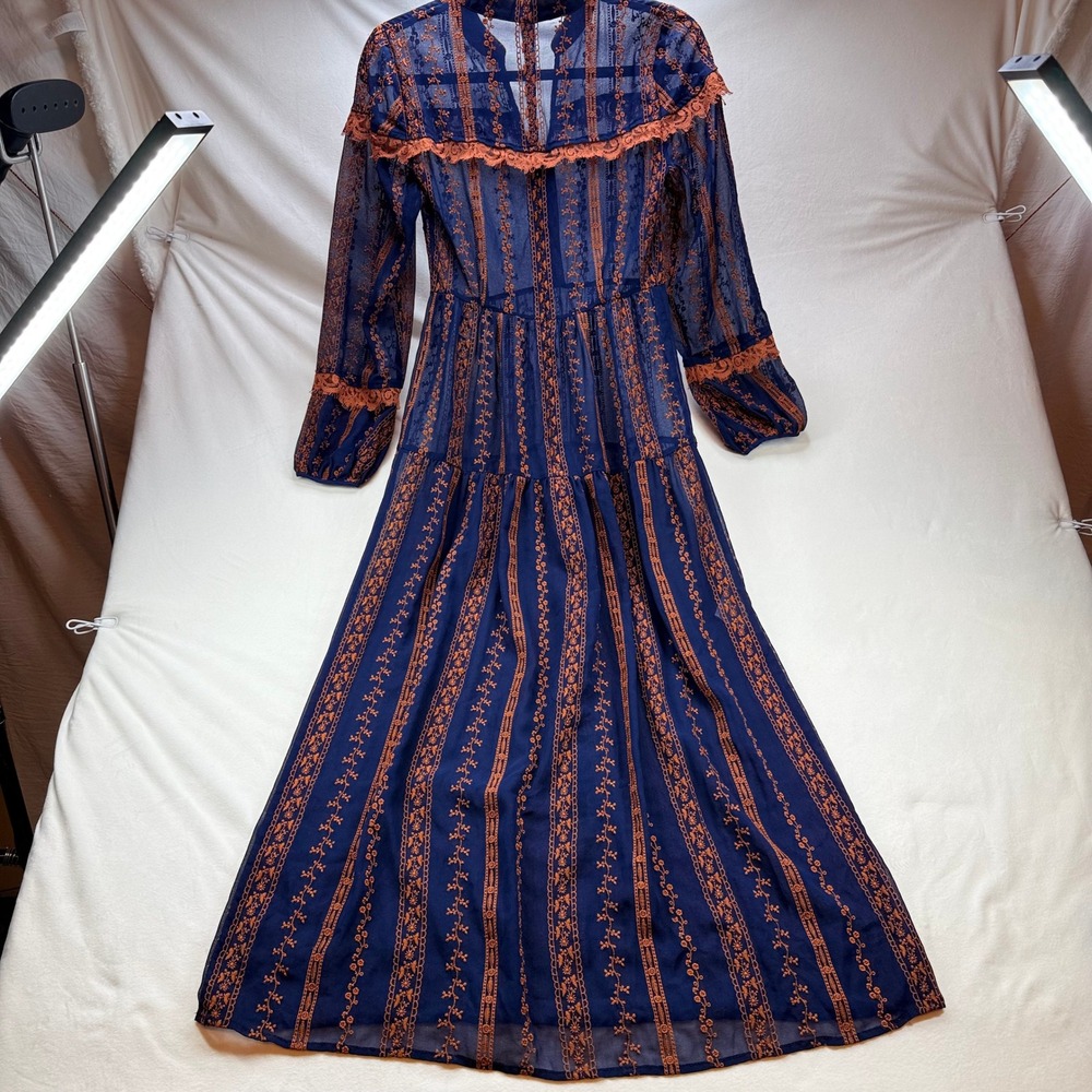 BCBGMAXAZRIA Navy Blue Orange Embroidered Lace Trim Maxi Dress Long Sleeve XXS - Picture 7 of 16